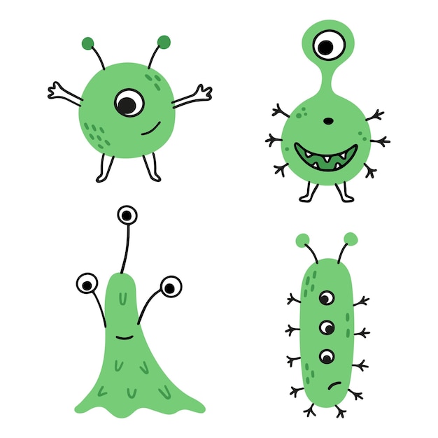 Conjunto de gérmenes de garabatos verdes de dibujos animados, virus y bacterias, monstruos. Feliz Halloween