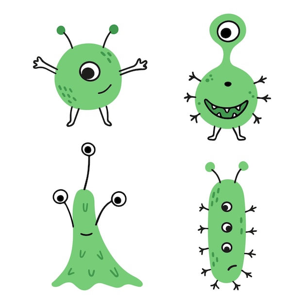 Conjunto de gérmenes de garabatos verdes de dibujos animados, virus y bacterias, monstruos. feliz halloween