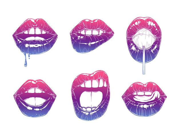 Vector conjunto de gestos de labios de mujer. bocas de niña cierran diferentes emociones. ilustración