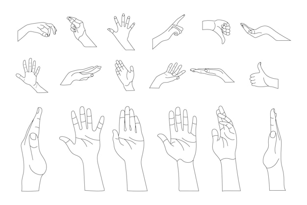 Conjunto de gestos de mano humana, ilustraciones de arte de línea mínima, ok, pulgar hacia arriba y dedo señalador