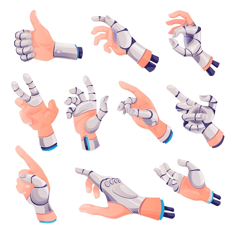 Conjunto de gestos de mano humana con prótesis de figers robótica