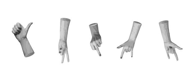 Conjunto de gestos de la mano que incluyen el pulgar hacia arriba señal de victoria y cuerno de roca aislado en medio tono retro