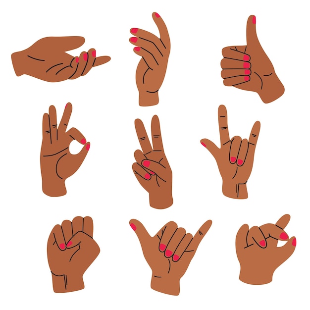 Conjunto de gestos de manos africanas Ilustración de vector gráfico plano dibujado a mano aislado en backgr blanco