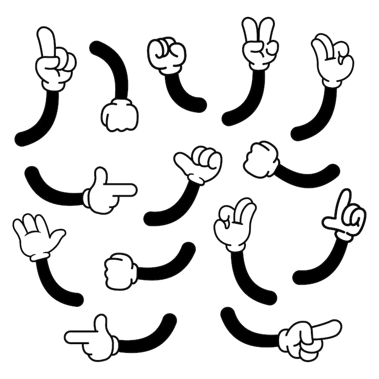 Vector conjunto de gestos de las manos ilustración vectorial en estilo de dibujos animados retro