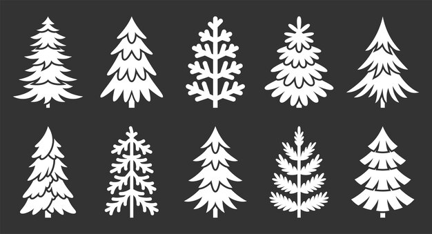 Conjunto de glifo blanco de silueta de sello de árbol de Navidad Etiqueta de vacaciones diferente forma bosque natural objeto de hoja perenne Elemento monocromo para decoración de tarjeta de vacaciones año nuevo impresión simple negro aislado simple