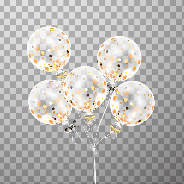 Conjunto de globo transparente blanco con confeti aislado en el aire. globos de fiesta esmerilados para diseño de eventos. decoraciones de fiesta para cumpleaños, aniversario, celebración. brillo globo transparente.