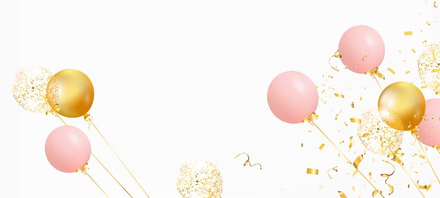 Conjunto de globos de colores con confeti y espacio vacío para el texto. Celebre un cumpleaños, póster, pancarta feliz aniversario. Elementos de diseño decorativo realista. Fondo festivo con globos de helio