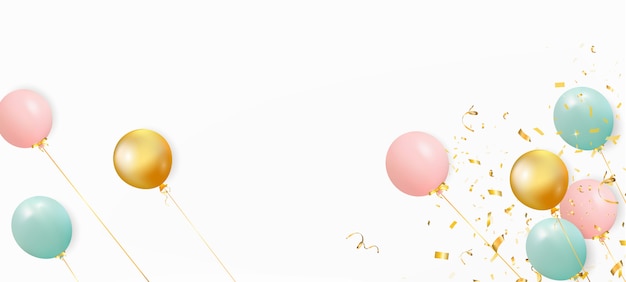 Conjunto de globos de colores con confeti y espacio vacío para el texto. celebre un cumpleaños, póster, pancarta feliz aniversario. elementos de diseño decorativo realista. fondo festivo con globos de helio