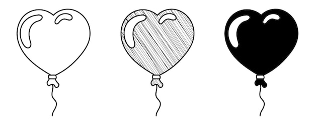 Conjunto de globos de corazón vectoriales dibujados a mano en un estilo de dibujos animados de garabatos