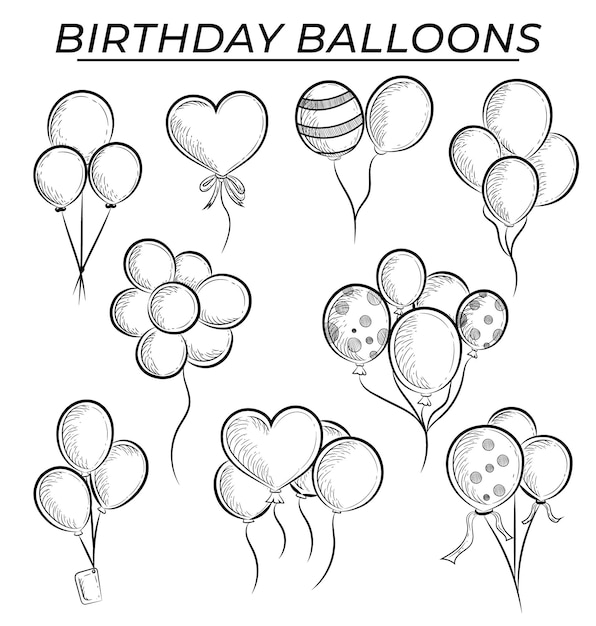 Conjunto de globos dibujados a mano sobre un fondo blanco