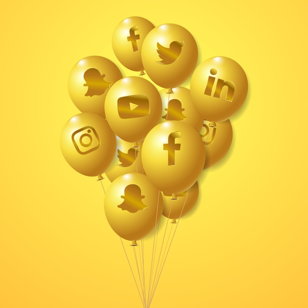 Conjunto de globos dorados de logotipos de redes sociales