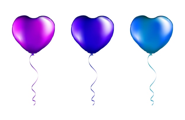 Conjunto de globos en forma de corazón de aluminio púrpura y azul sobre un fondo blanco transparente Balones de fiesta Decoración de diseño de eventos Maqueta para impresión de globos Vector