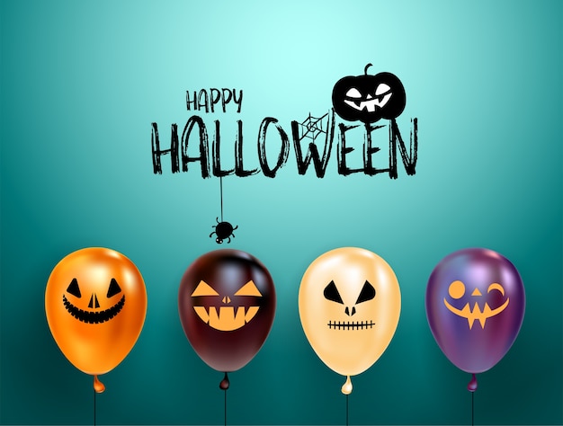Conjunto de globos de halloween con caras de miedo y logo de halloween con gato con sombrero.