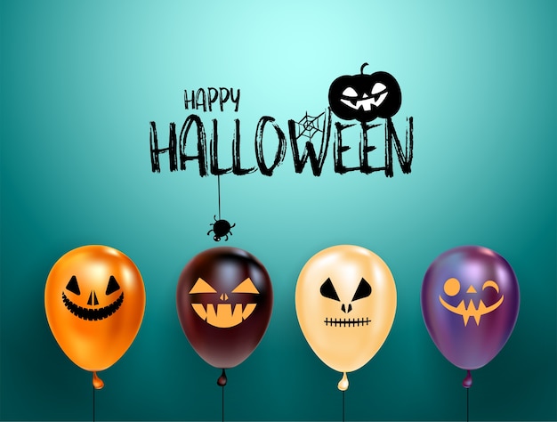 Vector conjunto de globos de halloween con caras de miedo y logo de halloween con gato con sombrero.