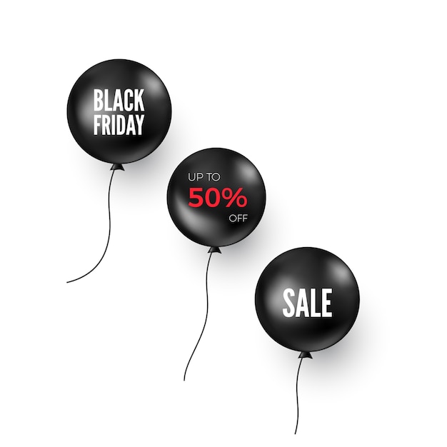 Conjunto de globos negros con oferta de descuento. Elemento de diseño de pancarta o póster de viernes negro.