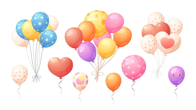 Conjunto de globos y paquetes de globos Balones de diferentes colores redondos y en forma de corazón Elementos decorativos vectoriales para fiestas cumpleaños