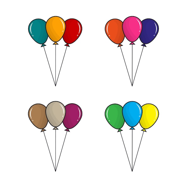 Vector conjunto de globos planos de colores en estilo de dibujos animados globo volador con cuerda