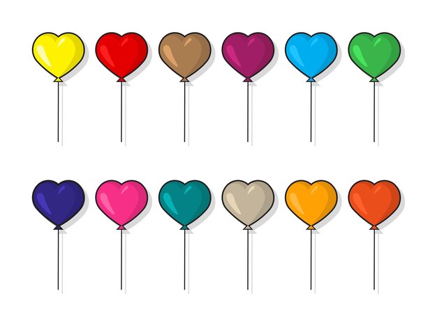 Conjunto de globos planos coloridos en forma de corazón en estilo de dibujos animados globo volador con cuerda