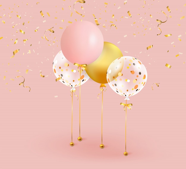 Conjunto de globos rosados, dorados con confeti dorado.