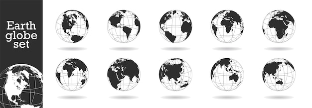 Conjunto de globos terrestres Mapa del mundo en forma de globo Conjunto de globos terrestres negros aislados sobre un fondo transparente
