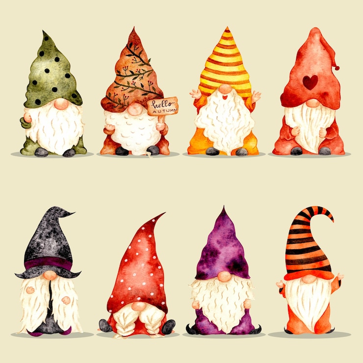 Vector conjunto de gnomo lindo dibujado a mano acuarela