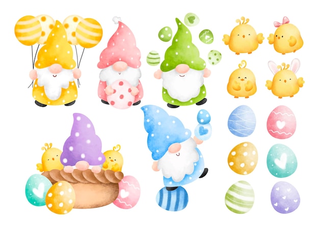 Conjunto de gnomo de Pascua y huevos de Pascua