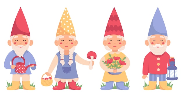 Conjunto de gnomos de jardín o enanos con regadera setas flores linterna