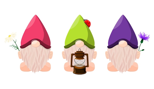 Vector un conjunto de gnomos de jardín sobre un fondo blanco estilo de dibujos animados