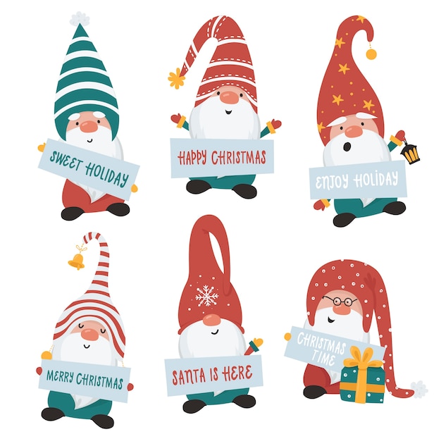 Conjunto de gnomos de Navidad. ilustración para tarjetas de felicitación, invitaciones de Navidad y camisetas