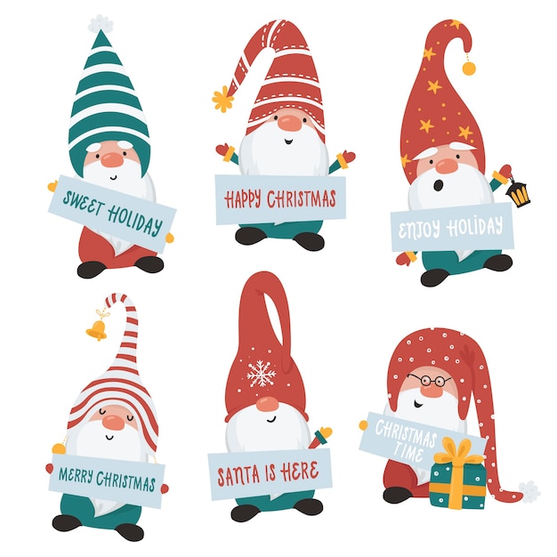 Vector conjunto de gnomos de navidad. ilustración para tarjetas de felicitación, invitaciones de navidad y camisetas