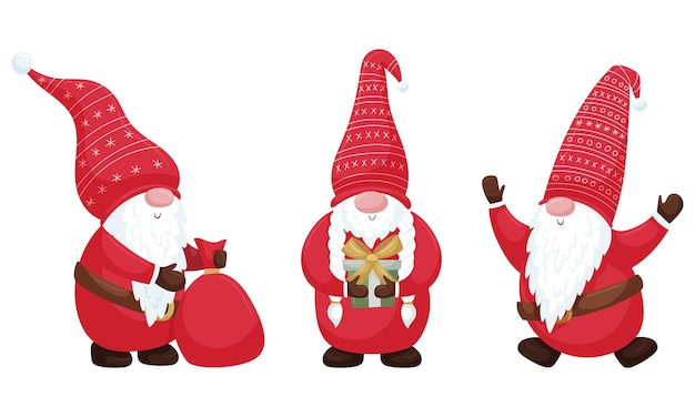 Un conjunto de gnomos navideños con un traje rojo y un sombrero Sosteniendo un regalo una bolsa de regalos saltando de alegría Una colección de lindos personajes navideños de dibujos animados aislados en blanco Ilustración vectorial de color