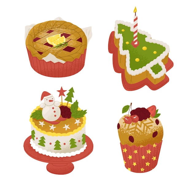 Un conjunto de golosinas dulces para una fiesta de Navidad y Año Nuevo Pastel de invierno en forma de pastel de pasteles de árbol de Navidad Ilustración vectorial aislada sobre fondo blanco