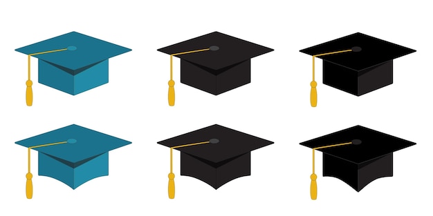 Conjunto de gorras de graduación en azul azul y gorra negra PNG transparente sobre fondo blanco aislado