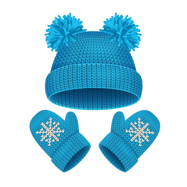 Conjunto de gorro y manoplas azul Accesorios de invierno Ropa de abrigo. Ilustración vectorial