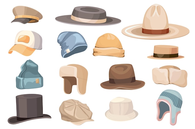 Conjunto de gorro masculino clásico y moderno, trampero, cilindro de sombrero de copa, el niño pobre, navegante y Panamá y béisbol o vaquero