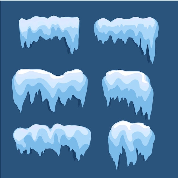 Conjunto de gorro de nieve aislado Elementos nevados en el fondo de invierno Plantilla vectorial en estilo de dibujos animados para su diseño Nevadas y copos de nieve en movimiento