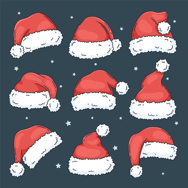 Conjunto de gorros navideños de Papá Noel con margen de piel. Gorra roja de año nuevo de Santa. Ilustración de vector dibujado a mano, estilo de dibujos animados lindo. Accesorios para fotos.