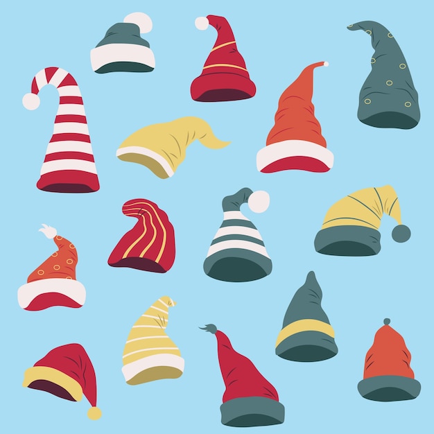 Conjunto de gorros navideños de Papá Noel o gnomos Diferentes formas de vestimenta festiva Clip art Año nuevo