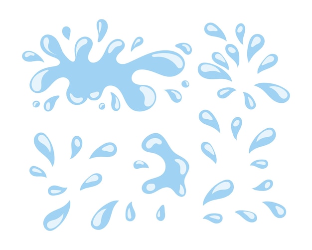 Conjunto de gotas de agua azul y salpicaduras sobre un fondo blanco conjunto de imágenes prediseñadas vector