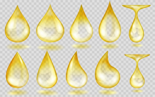Conjunto de gotas de agua o aceite translúcidas en colores amarillos en varias formas, aisladas sobre fondo transparente. Transparencia solo en formato vectorial