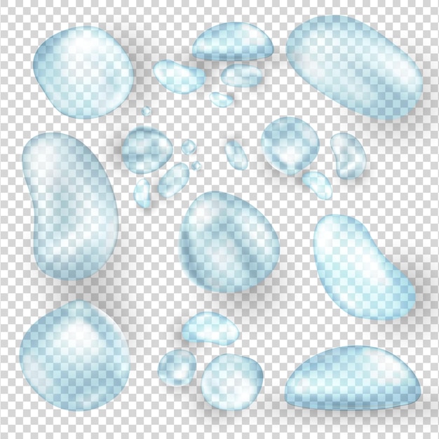 Conjunto de gotas de agua puras brillantes realistas gotas de agua de diferentes formas sobre un fondo transparente