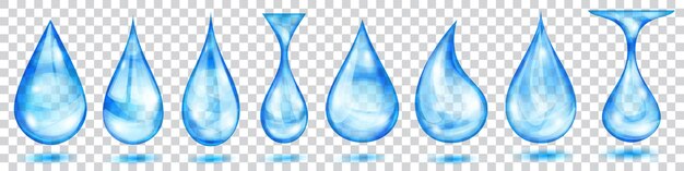 Conjunto de gotas de agua translúcidas en colores azul claro en varias formas, aisladas sobre fondo transparente. Transparencia solo en formato vectorial