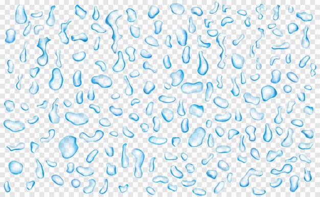 Conjunto de gotas de agua translúcidas en colores azules en varias formas, aisladas sobre fondo transparente. transparencia solo en formato vectorial