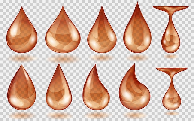 Conjunto de gotas de agua translúcidas en colores bronce en varias formas, aisladas sobre fondo transparente. Transparencia solo en formato vectorial