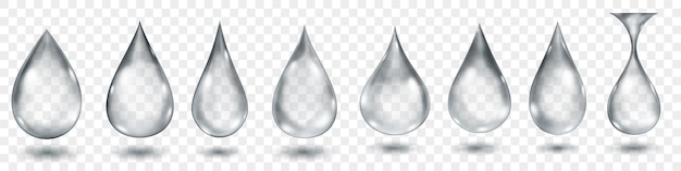 Conjunto de gotas de agua translúcidas en colores grises en varias formas, aisladas sobre fondo transparente. Transparencia solo en formato vectorial