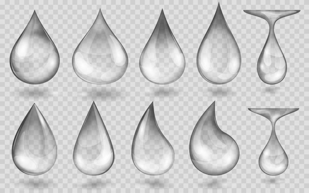 Conjunto de gotas de agua translúcidas en colores grises en varias formas, aisladas sobre fondo transparente