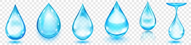Conjunto de gotas de agua translúcidas realistas en colores azul claro en varias formas con brillos y sombras aisladas sobre fondo transparente Transparencia solo en formato vectorial