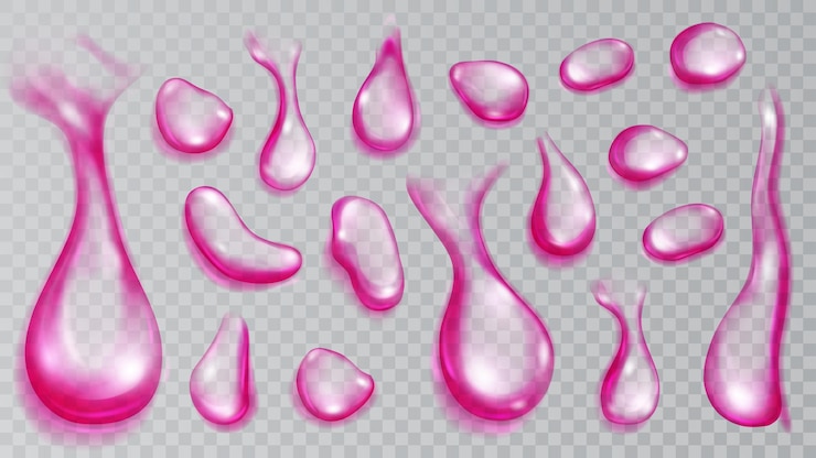 Vector conjunto de gotas de agua translúcidas realistas en colores púrpura en varias formas y tamaños aisladas sobre fondo transparente