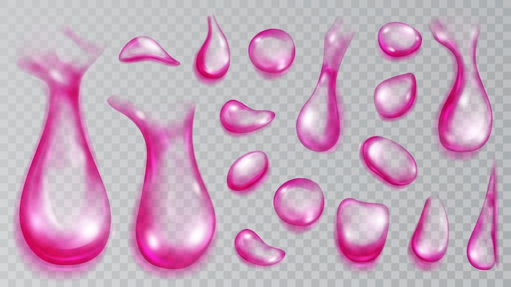 Vector conjunto de gotas de agua translúcidas realistas en colores púrpura en varias formas y tamaños