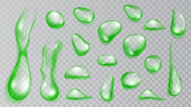 Conjunto de gotas de agua translúcidas realistas en colores verdes en varias formas y tamaños aisladas sobre fondo transparente